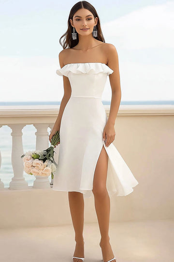 Ruffled Strapless White Graduation Dress With Slit